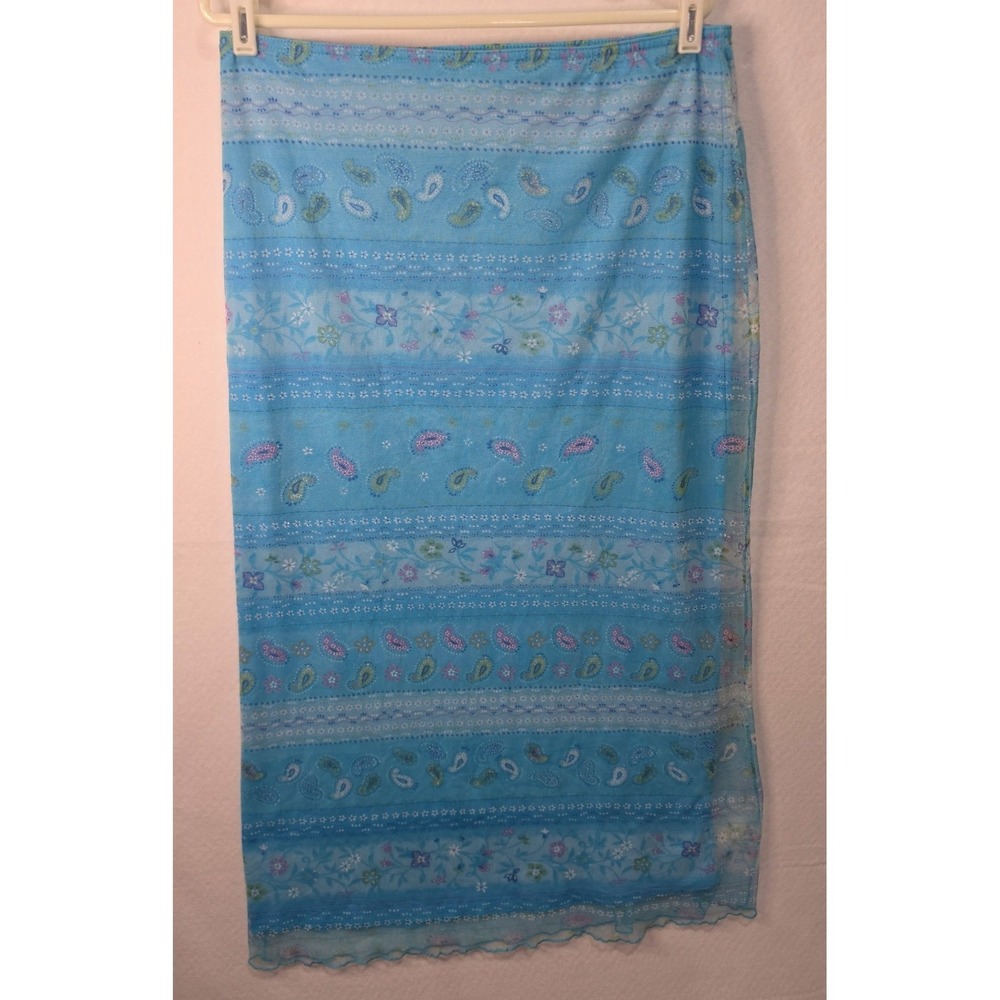 Vintage Y2K Blue Paisley Floral Mesh Maxi Skirt Lettuce Hem Large Made in USA - Picture 2 of 6